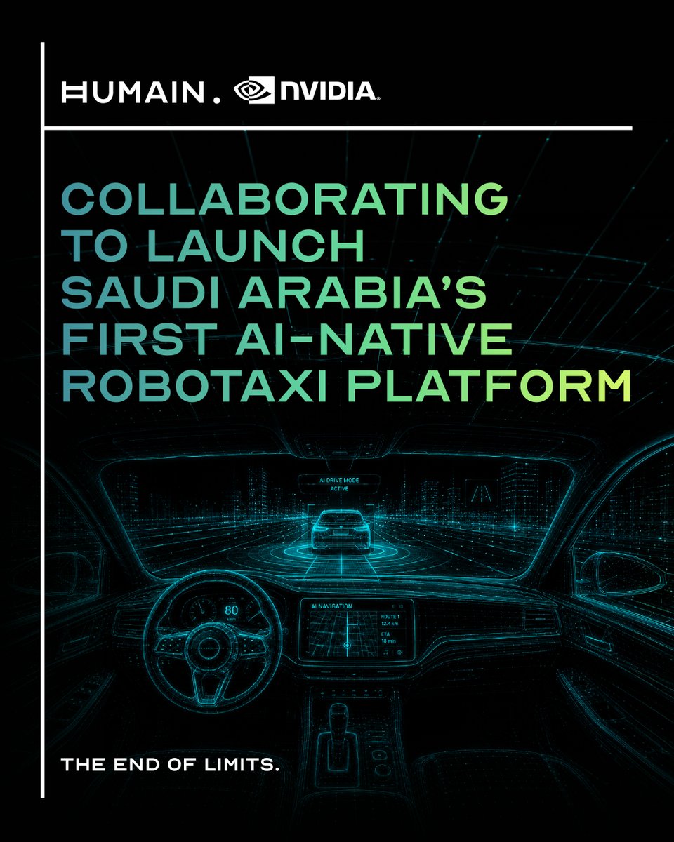 HUMAIN's tweet photo. HUMAIN is collaborating with @NVIDIA to support the future of autonomous mobility in Saudi Arabia.
Leveraging the NVIDIA DRIVE Hyperion platform, the collaboration will help enable the infrastructure, intelligence, and operational scale required for level 4-ready autonomous transportation, advancing the development of AI-native mobility solutions across the Kingdom.

This marks another step in building AI-powered infrastructure platforms that connect the digital and physical worlds at scale.

#HUMAIN #TheEndOfLimits