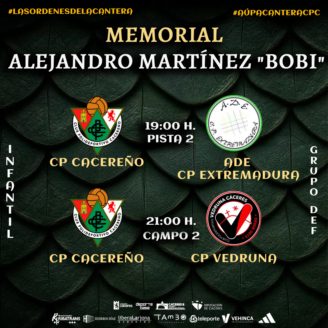 CanteraCPC's tweet photo. 💚⚽ Turno para nuestros Infantiles en el Memorial Alejandro Martínez "Bobi".

🆚 ADE CP Extremadura
🆚 CP Vedruna

⚔️ Dos partidos para competir, crecer y representar con orgullo nuestros colores.

🍀 ¡Vamos, valientes!

#MemorialBobi #CanteraCPC #AúpaCanteraCPC https://t.co/J154DF2mwa