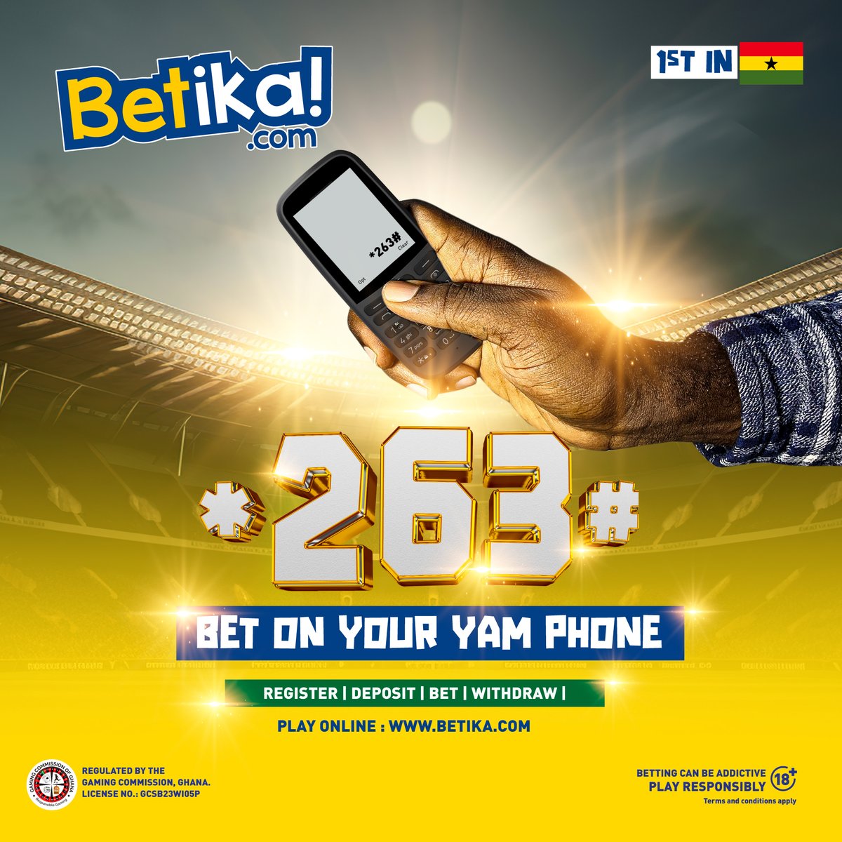 Betika_Ghana's tweet photo. You no get smartphone? No problem. Dial *263# to register, deposit, withdraw, and BET on your yam phone. It's a first in Ghana. This year, nobody is getting left out.

#Betikagh #WelcomeOffer #BetikaApp #SeasonNoApilki #USSD https://t.co/gQFfxeHxSB