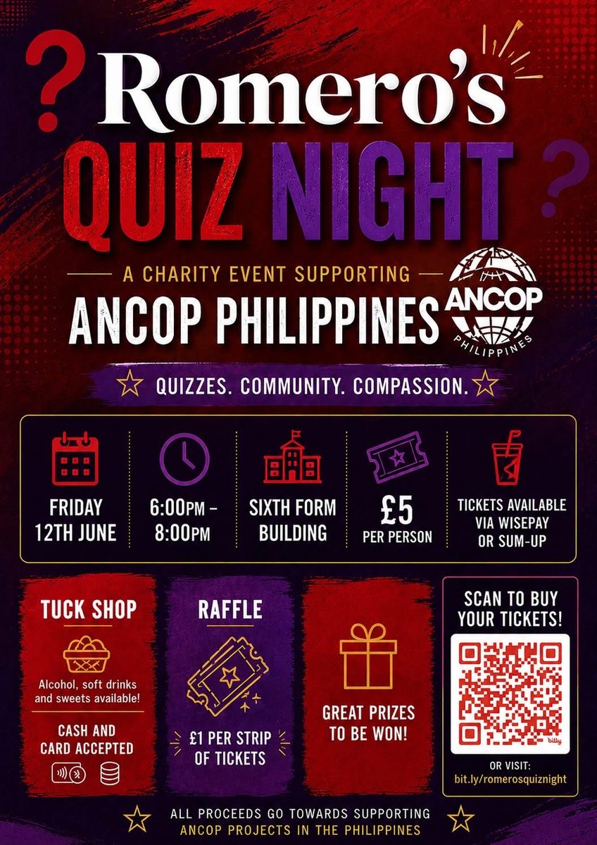 StRomerosCS's tweet photo. Anyone love a quiz night? 

Some of our Sixth Former's are hosting a quiz night to raise funds for ANCOP Philippines. Please join them for a fun night of quizzing on Friday, 12th June. You can purchase tickets via wisepay or scan the QR code!
CFC ANCOP https://t.co/L582zZLOV3