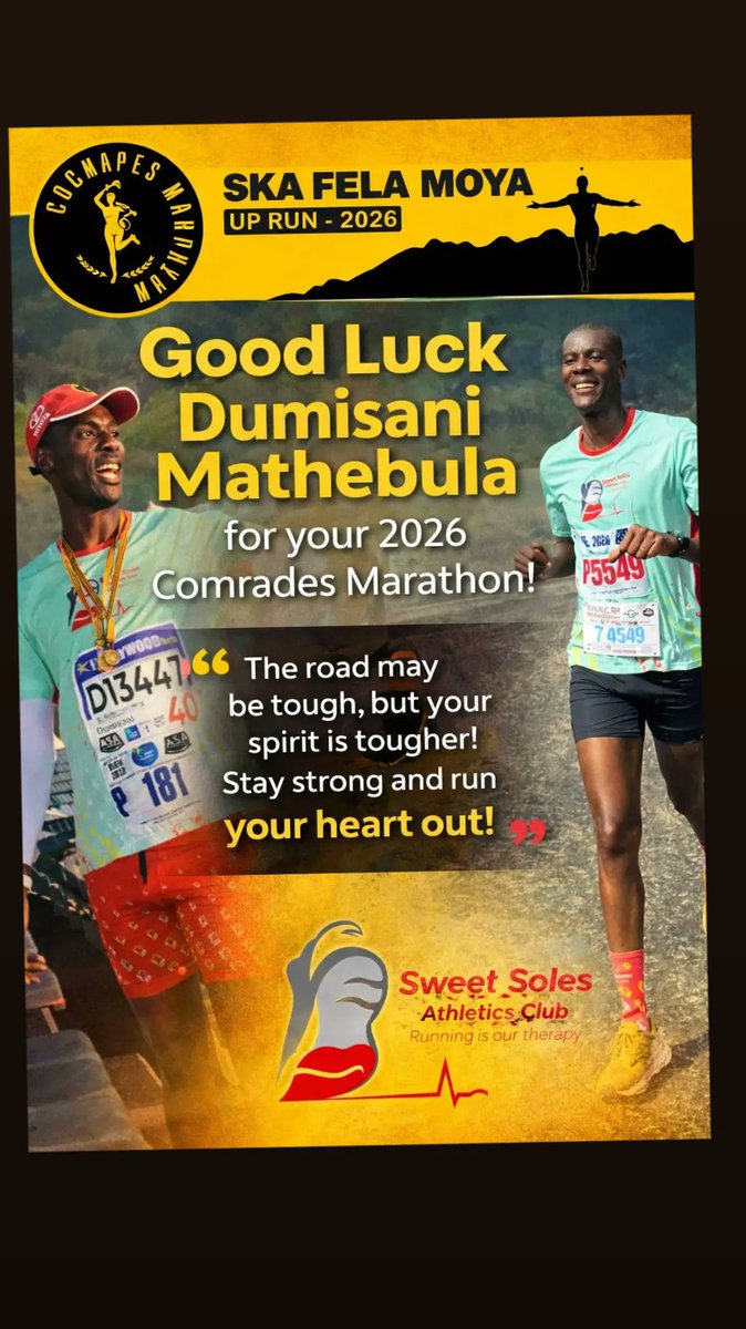 SweetSolesAC's tweet photo. Chasing the Up Run dream with heart and courage! 💪🏃‍♂️
Dumisani Mathebula takes on the 2026 Comrades Marathon up run, proving that endurance, belief, and passion make every step count. Best of luck Champ. 🌟
#ComradesMarathon2026 #SweetSolesAC #SkaFelaMoya  #RunningIsOurTherapy https://t.co/3CmWSdRhJz