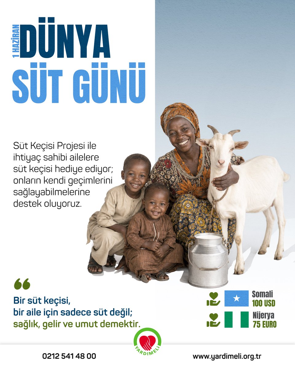 yardimeli's tweet photo. 1 Haziran Dünya Süt Günü 

Yardımeli Derneği olarak hayata geçirdiğimiz Süt Keçisi Projesi kapsamında, ihtiyaç sahibi ailelere süt keçisi desteği sağlıyoruz. Bu proje ile bir yandan çocukların sağlıklı beslenmelerine katkıda bulunurken, diğer yandan ailelerin sürdürülebilir gelir elde etmelerine destek oluyoruz.

Süt, özellikle çocukların büyüme ve gelişiminde önemli bir yere sahiptir. Bir süt keçisi ise yalnızca bir besin kaynağı değil; aynı zamanda bir aile için sağlık, ekonomik destek ve geleceğe dair umut anlamına gelmektedir.

Süt keçisi bağış bedelleri:

* 🇸🇴 Somali: 100 USD
* 🇳🇬 Nijerya: 75 EURO

Siz de yapacağınız bağışlarla ihtiyaç sahibi ailelerin yaşamlarına kalıcı katkı sağlayabilirsiniz.

Bağışlarınızı bizimle iletişime geçerek veya web sitemizde yer alan banka hesapları aracılığıyla gerçekleştirebilirsiniz.

📞 0212 541 48 00
🌐 https://t.co/Q7U3D03Kz7