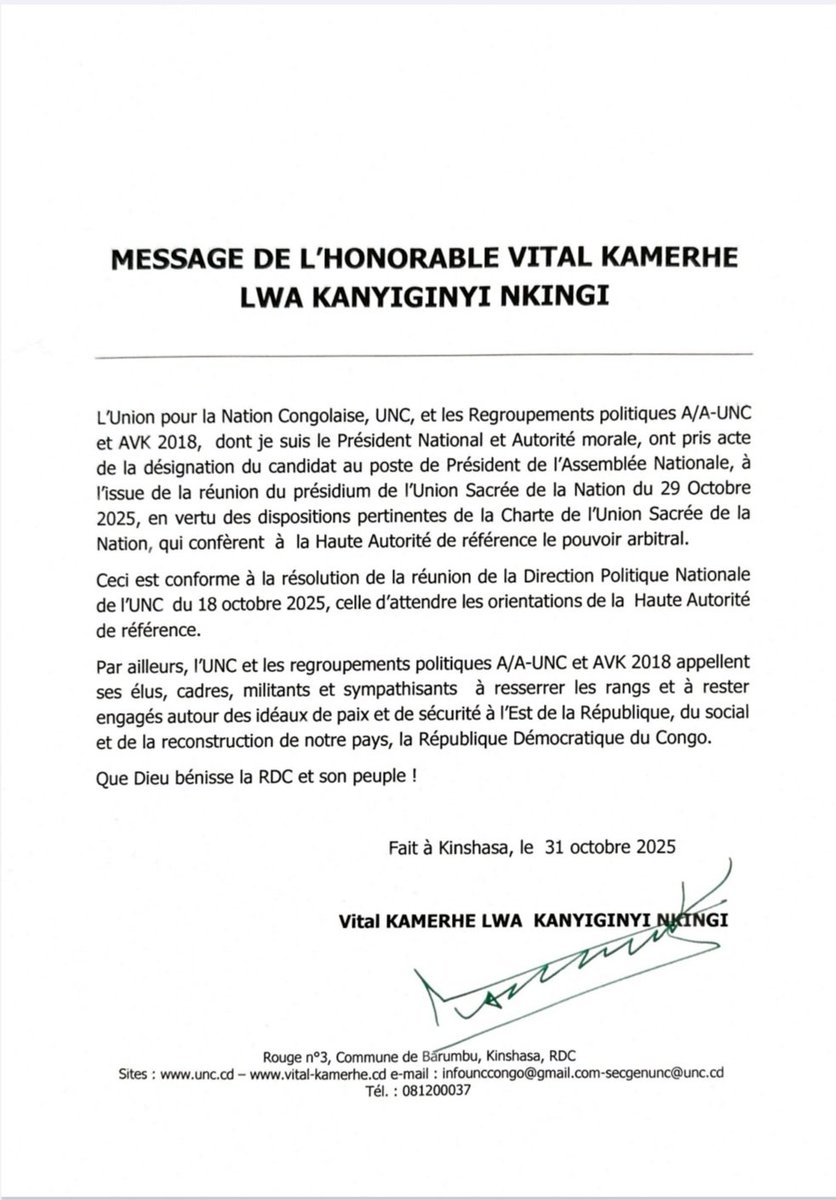 MichaelTshi's tweet photo. Lorsque Vital Kamerhe publie quelque chose, il le publie également sur son compte X. De plus, @VitalKamerhe signe généralement ses documents avec un stylo vert. Je n'ai pas vu ce document sur le compte de Vital Kamerhe. L'objectif est peut-être de le pousser à réagir. Curieusement, Israël Mutombo semble être la première personne à avoir publié ce document.