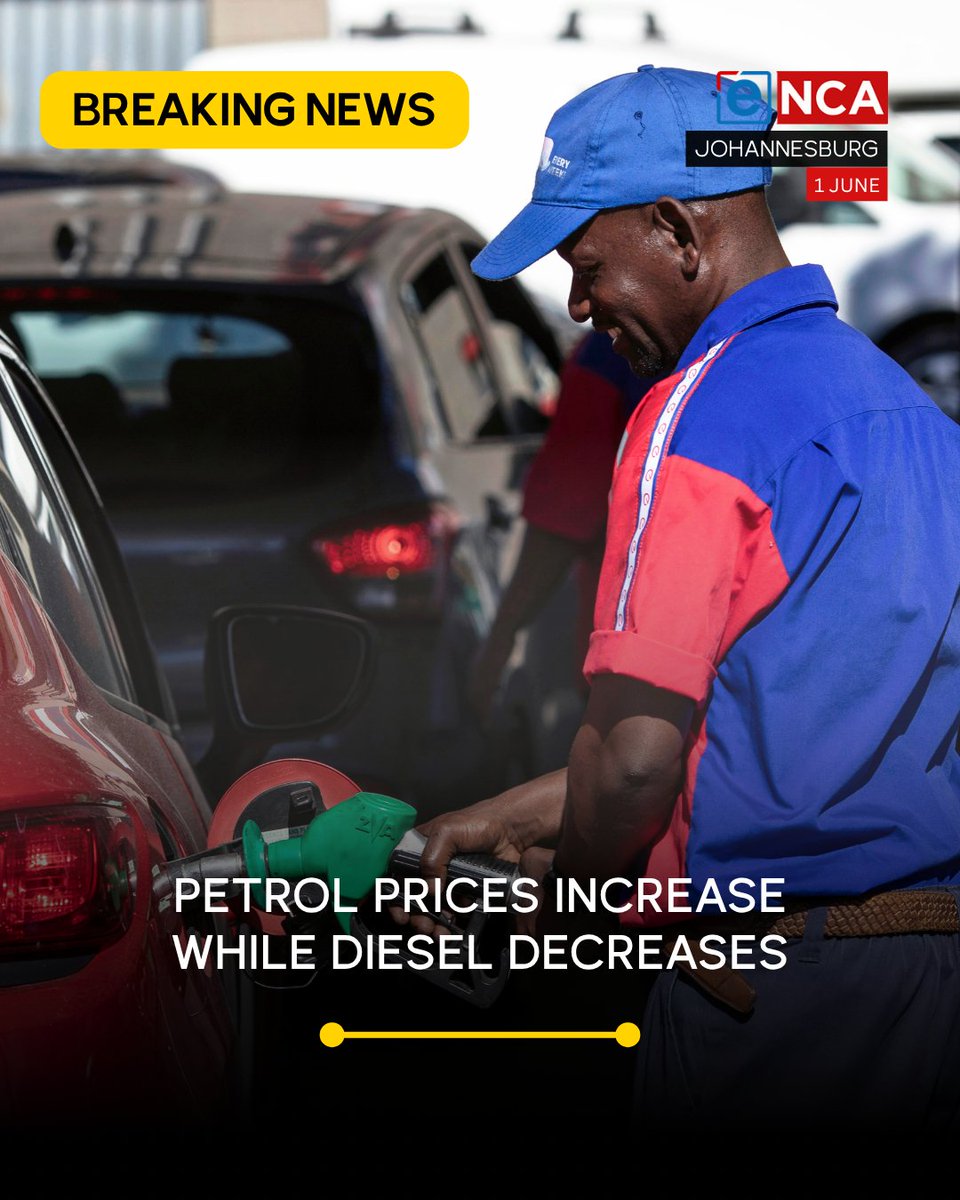 eNCA's tweet photo. [BREAKING] Petrol prices increase while diesel decreases. Petrol will increase by R1.43 per litre for both 93 and 95 octane while diesel will drop by between R2.62 and R3.25. Tune in to #eNCA, channel #DStv403 https://t.co/kaY1T3JSJm