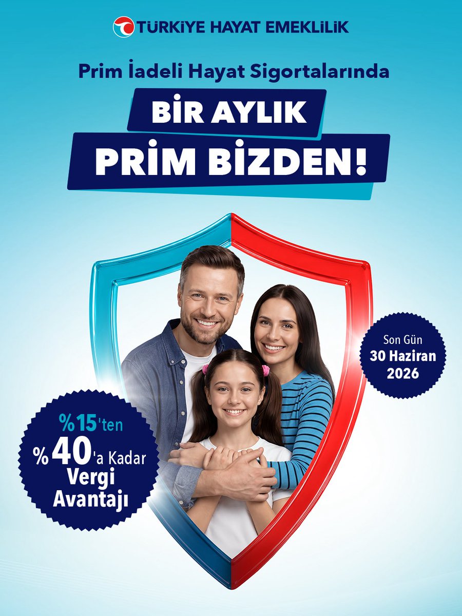 TurkiyeHE's tweet photo. Prim İadeli Hayat Sigortalarında Bir Aylık Prim Bizden!

30 Haziran 2026’ya kadar Prim İadeli Hayat Sigortası yaptırıp ilk taksitini ödeyenlere, 1 aylık prim tutarı Türkiye Hayat Emeklilik’ten!

Kendinizin ve sevdiklerinizin geleceğini güvence altına alırken, bu avantajlı kampanya fırsatını kaçırmayın.

Detaylı bilgi için anlaşmalı banka şubelerimizi ve https://t.co/plOL4i0g2g adresini ziyaret edebilirsiniz.