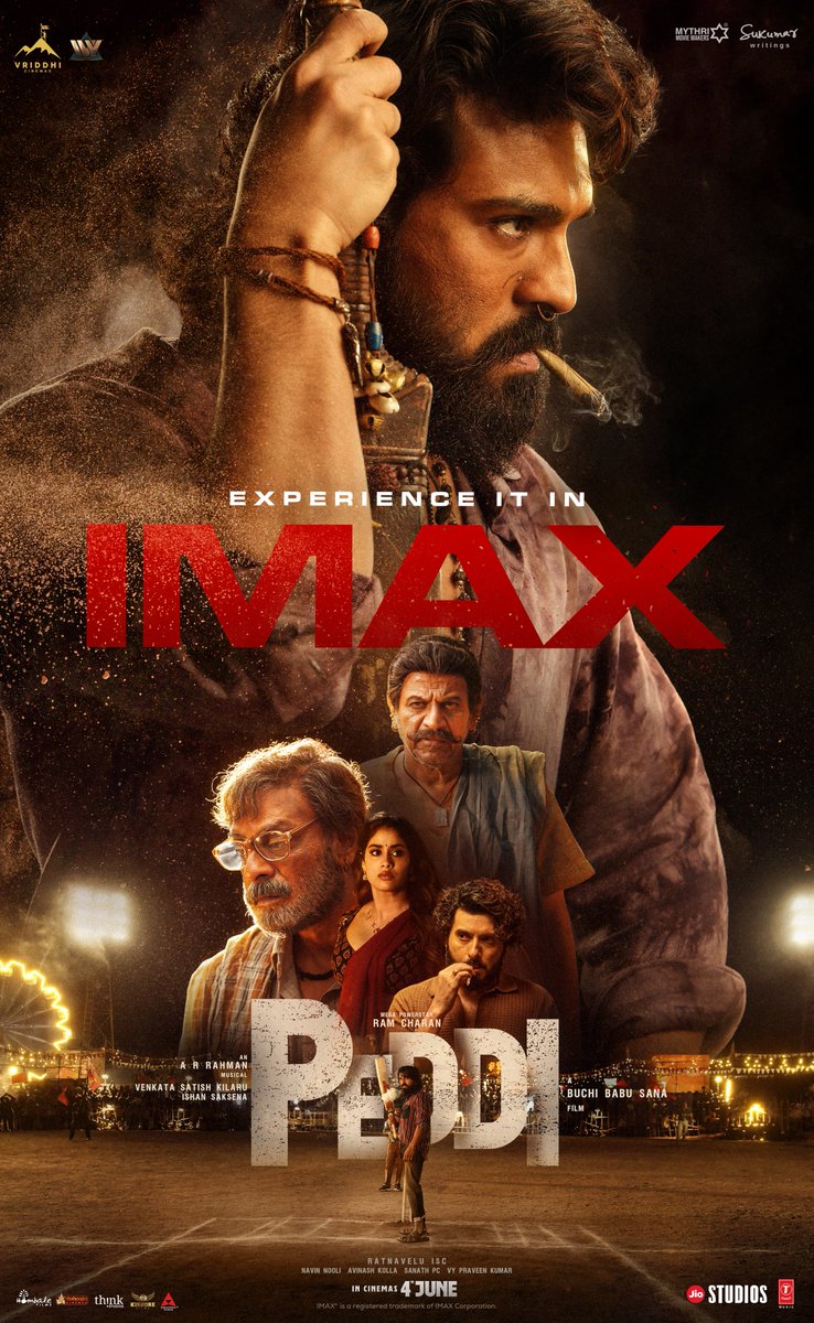 MythriOfficial's tweet photo. The story of grit comes alive in the world's grandest format 🔥

Experience #Peddi in IMAX 🤩

#PEDDI in cinemas worldwide on 4th June.
#GetReadyForPeddi 💥💥

Mega Power Star @AlwaysRamCharan @NimmaShivanna #JanhviKapoor @BuchiBabuSana @arrahman @RathnaveluDop @artkolla @NavinNooli @bomanirani @IamJagguBhai @divyenndu @vriddhicinemas @VenkataSKilaru @gautamkalidindi @MythriOfficial @SukumarWritings #JyotiDeshpande @jiostudios @ivyofficial2023 @Tseries @thinkstudiosind @PeddiMovieOffl