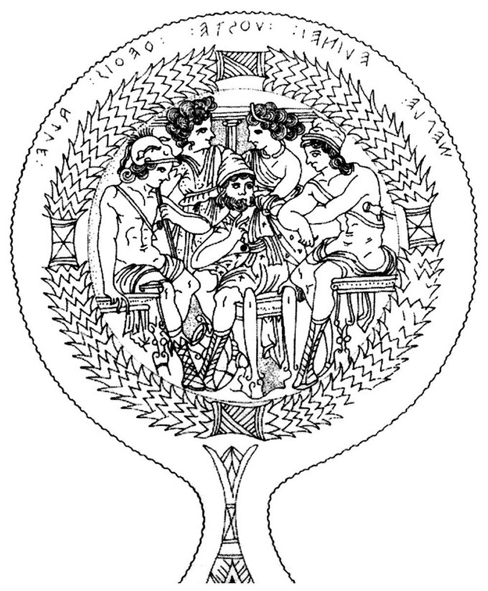 DailyOdysseus's tweet photo. Bronze mirror with Achle(Achilles), Thethis(Thetis), Uthste(Odysseus), Elinei(Helen) and Menle(Menelaus) https://t.co/eysyrGenOl