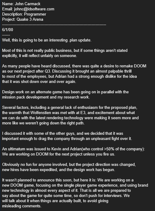 IMX_doomer's tweet photo. ON THIS DAY (June 1st, but 2000); John Carmack mentions in his .plan file that id software has begun a new #DOOM project. 

Initially planned as a remake of the original 1993 game, it eventually grew into its own thing years later, finally becoming Doom 3.

#gaming #Doom3 https://t.co/tUzmEjl96q