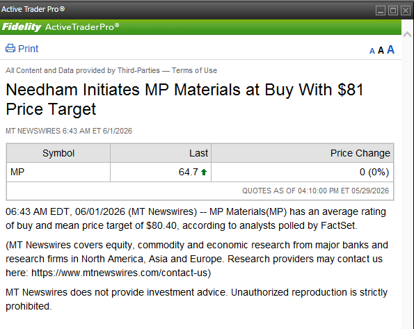 EBITDAddies's tweet photo. $MP - Needham Initiates MP Materials at Buy With $81 Price  Target https://t.co/g1MQcBMgZI