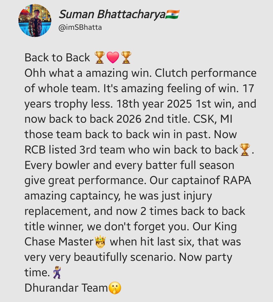 imSBhatta's tweet photo. 🏆❤️🏆
#IPL2206 #viratkohli #rajatpatidar #rcb #highlights #followers https://t.co/Oyr7Jgj25U
