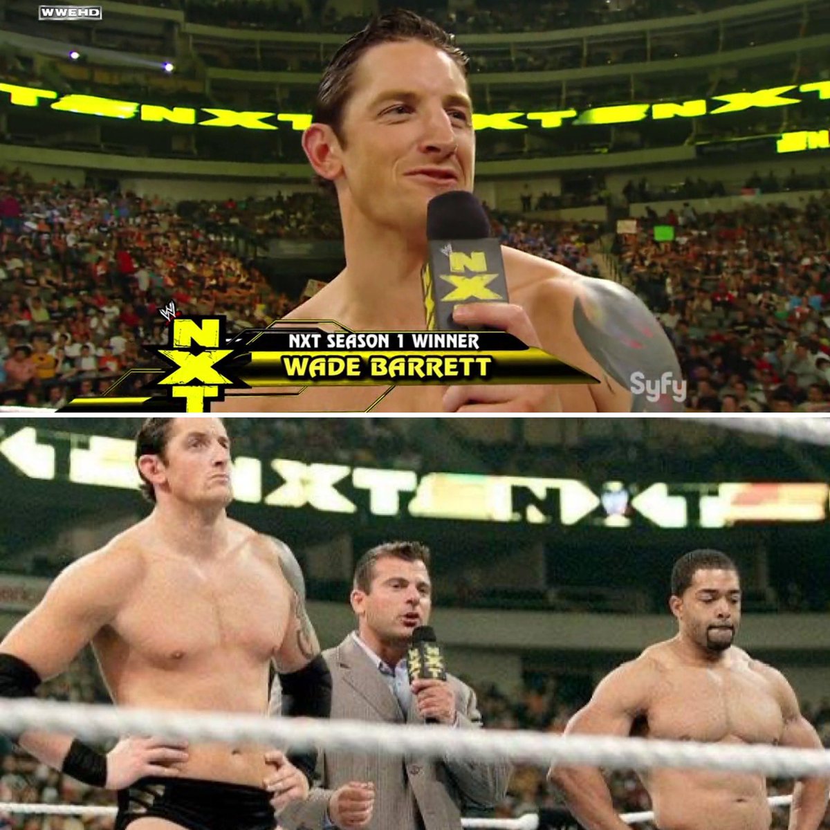 UltWresTrivia's tweet photo. Wade Barrett is crowned the first winner of the NXT show in 2010 when the brand was a quasi-reality show. David Otunga was runner up with Justin Gabriel finishing 3rd! #otd https://t.co/4EBdR9aXQu