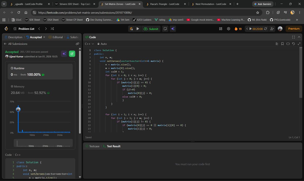 _ujjwallk's tweet photo. Day 1 of #SDESheetChallenge ✅

Solved:
• Set Matrix Zeroes
• Pascal's Triangle I
• Next Permutation

@takeUforward_ @striver_79 https://t.co/WEONsTHkZl