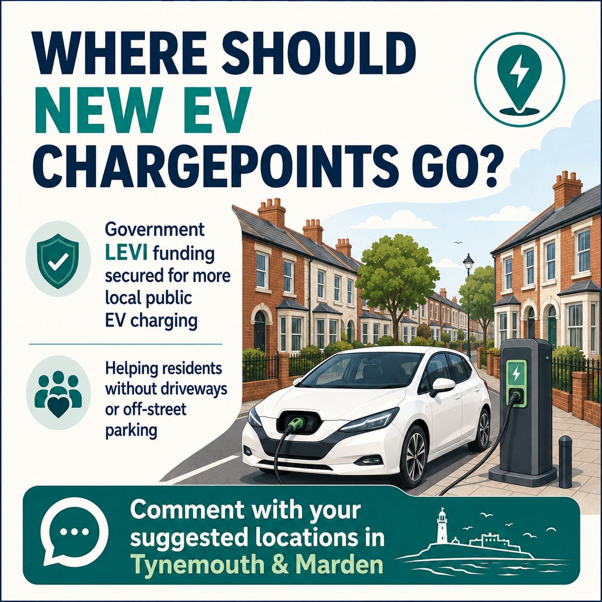 Lewis4Tynemouth's tweet photo. 🔌 EV chargepoints are being planned using LEVI funding

This could help residents without driveways or off-street parking.

Where in Tynemouth and Marden should public chargepoints go?

Comment with your suggested location and Lewis and Jay will feed local views in. ⚡ https://t.co/6GSc3AOWtS