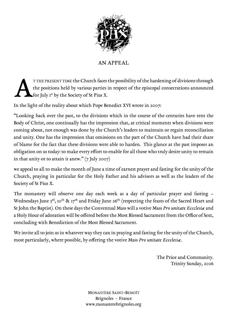 EdwardPentin's tweet photo. An appeal, ahead of the SSPX's July 1 consecrations, from Monastère Saint-Benoit​, an international English-speaking traditional Benedictine monastery in France: https://t.co/qcwFJ4R0wL https://t.co/UCEpLWf6nL