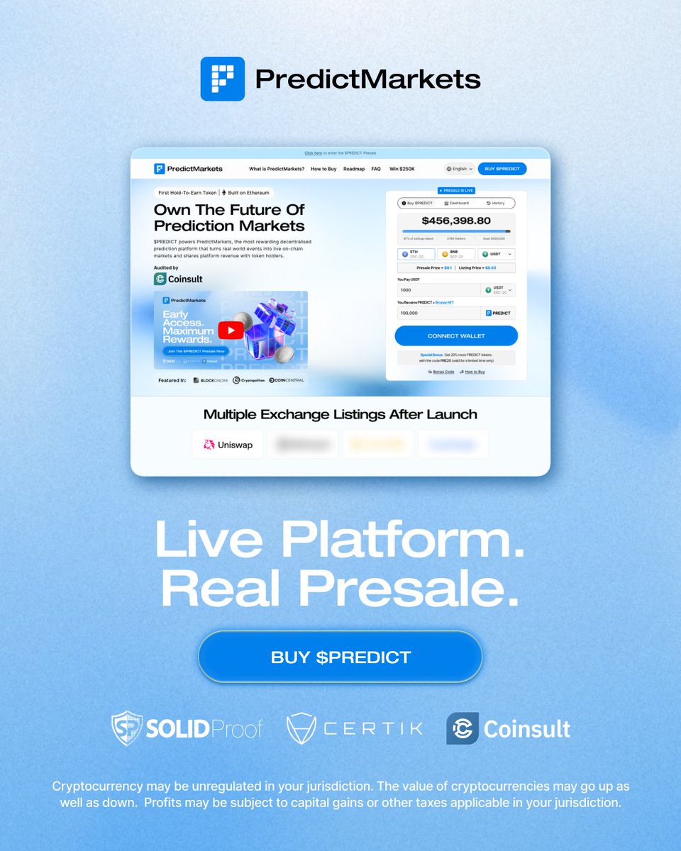 Prediction_eth's tweet photo. 🚀 Most presales are just a landing page and a promise.

$PREDICT has a live, working platform behind it and you can see exactly what you're backing.

Real product. Real presale.

Take a look ↓
https://t.co/2cSgoYhmmq

#Crypto #Markets #Trading https://t.co/u7T8sP8UsO