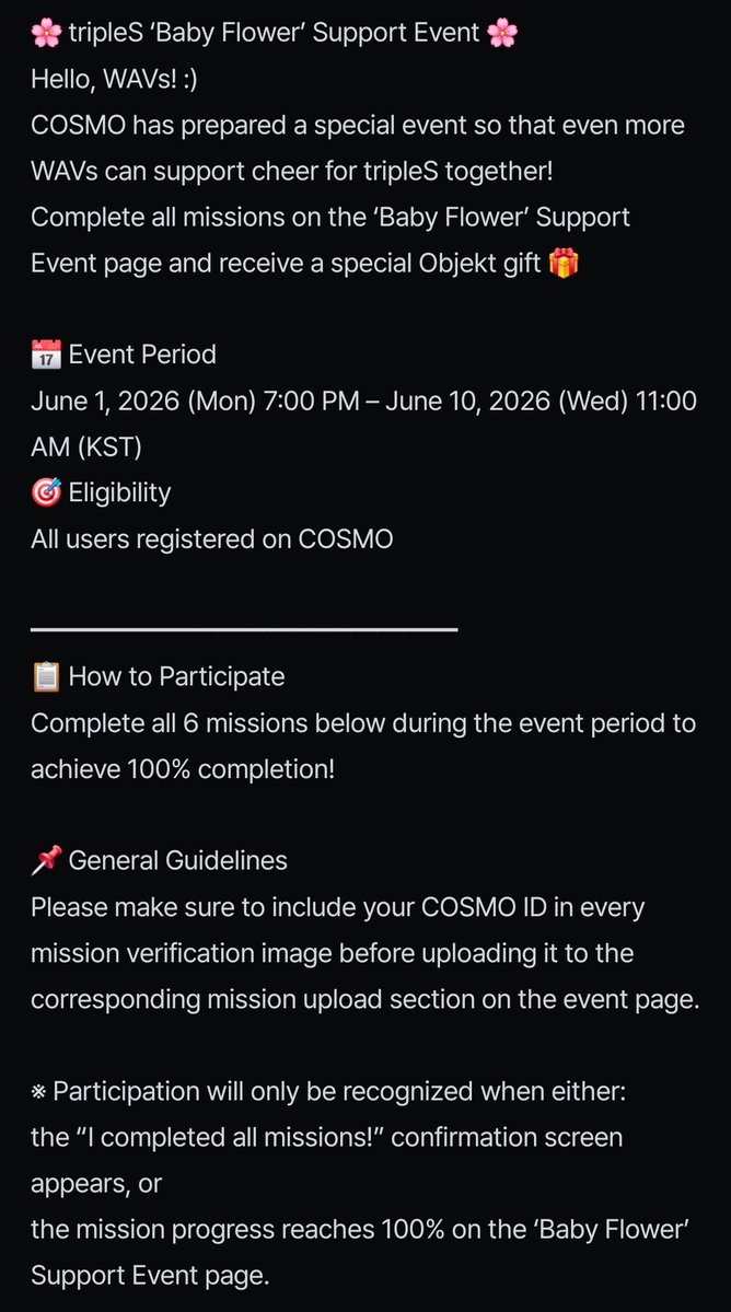 tripleSObjekts's tweet photo. Support Event Details:

There are a total of 6 missions 

1. Streaming verification 
2. Album download
3. Album purchase
4. MV Viewing
5. The Show pre-vote
6. Music Bank pre-vote https://t.co/wmkqoBhhQ3
