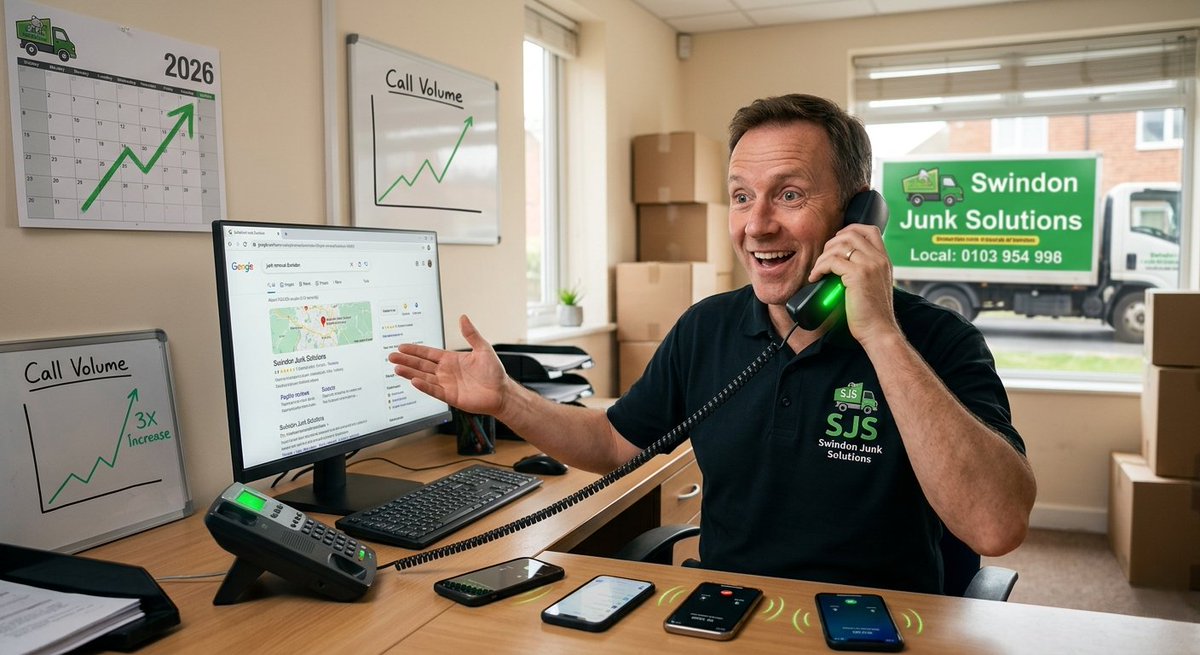 amrans_09's tweet photo. Junk removal company in Swindon got 3X more calls after one SEO fix! 

Better Google visibility = more local leads + more calls (no extra ads).

If your business isn’t showing on Google, you’re losing customers daily.

Want more calls in 2026? Let’s talk 
#localseo
#junkremoval https://t.co/aM88OFd0R1