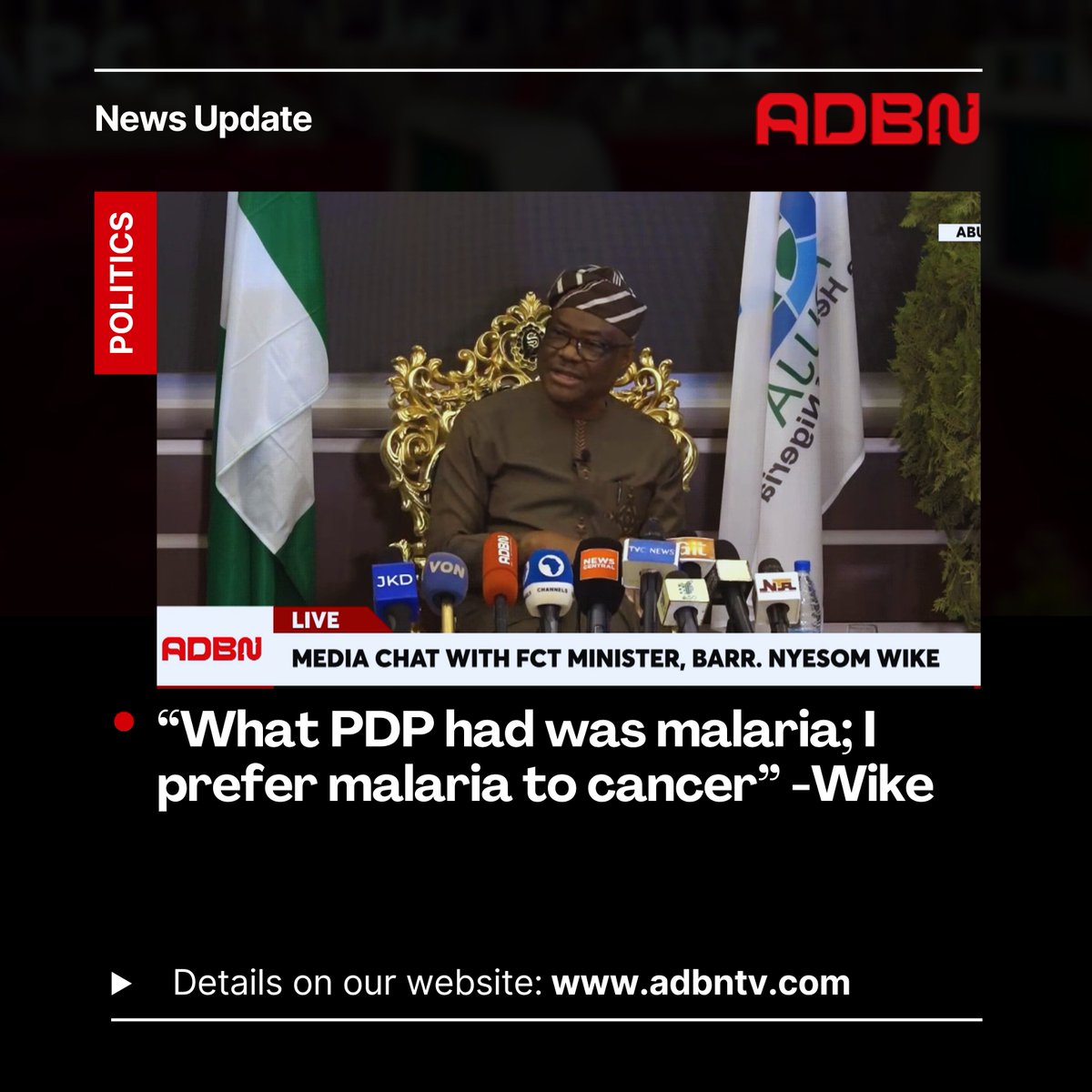 AdbntvX's tweet photo. “Malaria or cancer” -Wike uses a health metaphor to describe PDP’s condition

#Wike #PDP #NigeriaPolitics #FCT #Breaking https://t.co/F0YcGnvkQF