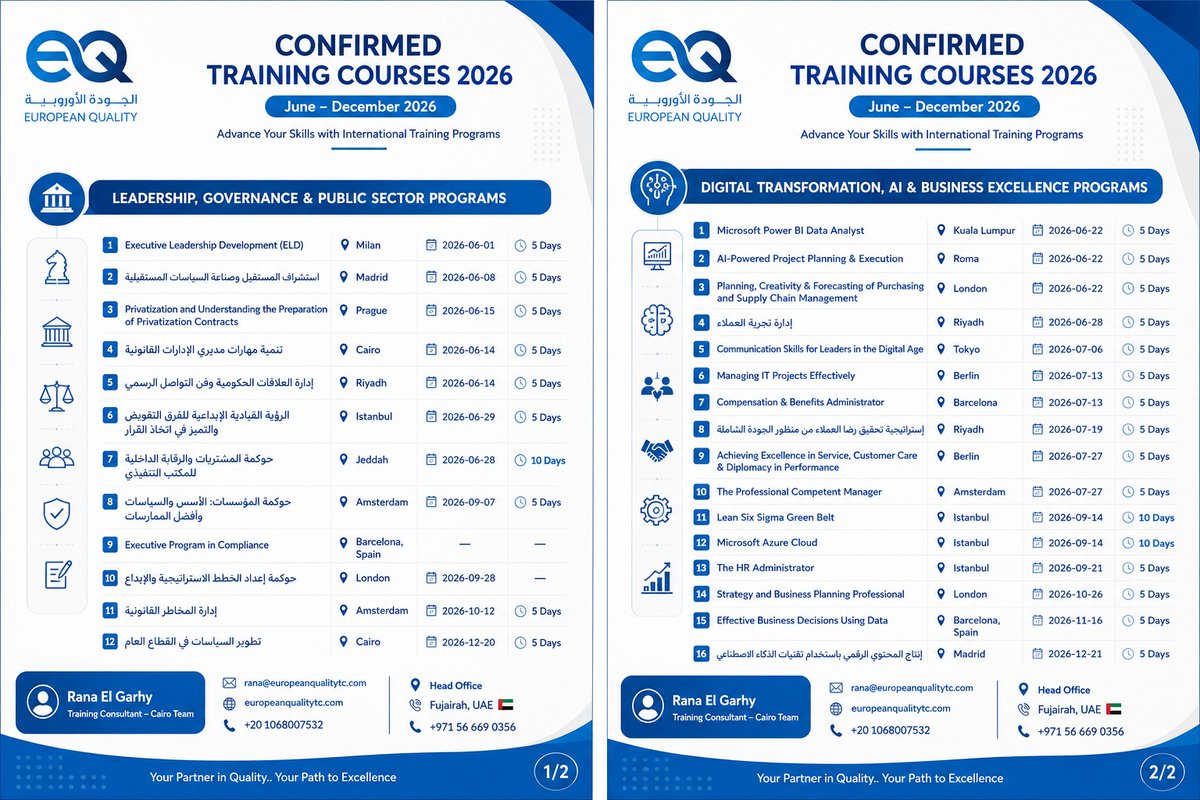 Euro_Quality's tweet photo. انطلق نحو التميز المهني مع البرامج التدريبية المؤكدة للنصف الثاني من عام 2026
📲 00201068007532

 📩 rana@europeanqualitytc.com

 📲 ⁦+971 56 669 0356⁩

 📩 info@europeanqualitytc.com

 https://t.co/tRm52kgSIx https://t.co/b6FIbOJOhU