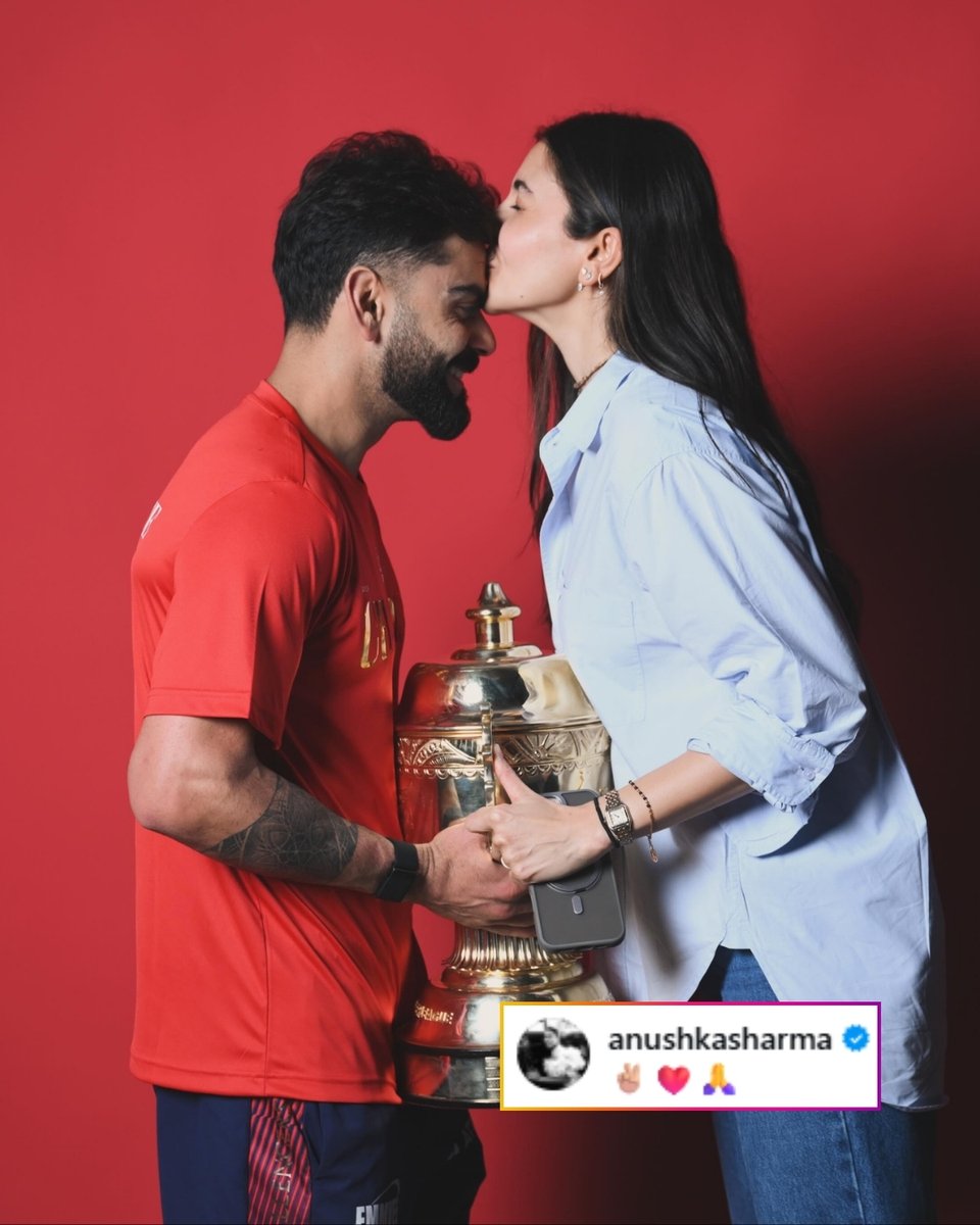 IndiaToday's tweet photo. #InPic | Anushka Sharma shared a picture with Virat Kohli on Instagram following Royal Challengers Bengaluru’s memorable IPL title victory. The couple was seen celebrating the emotional moment after RCB finally lifted the trophy, ending years of wait for fans. 

#AnushkaSharma #ViratKohli #RCB #IPL2026 #RoyalChallengersBengaluru #IndiaTodaySocial #ITPhotoblog