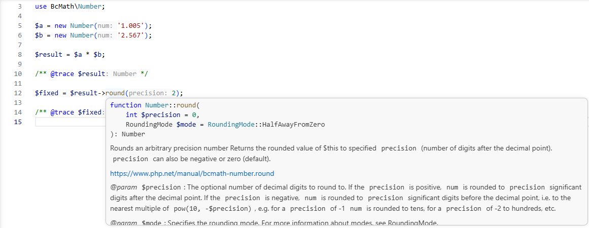 php4vs's tweet photo. The PHP Editor that understands known overloaded arithmetic operators 🧮

BcMath\Number arithmetics ✅ https://t.co/YcBOLg1MS9