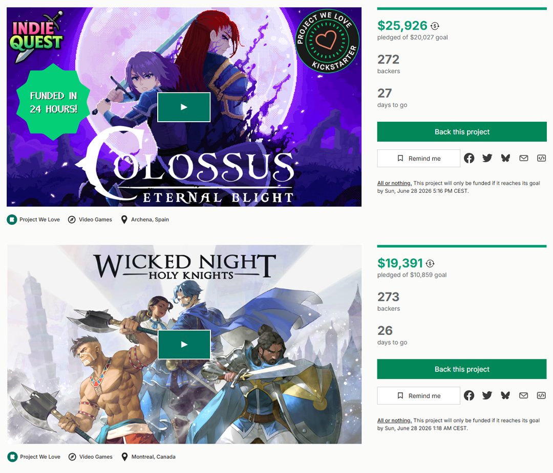 RetrovibeGames's tweet photo. This is what #IndieQuest2026 is all about: helping cool indie games find players who care.

Huge congrats to Wicked Night: Holy Knights and Colossus: Eternal Blight on getting funded fast!

The event is still live. Find your next indie JRPG gem:
⚔️ https://t.co/SLUXKrQqRR https://t.co/7o1a7Ge8c2