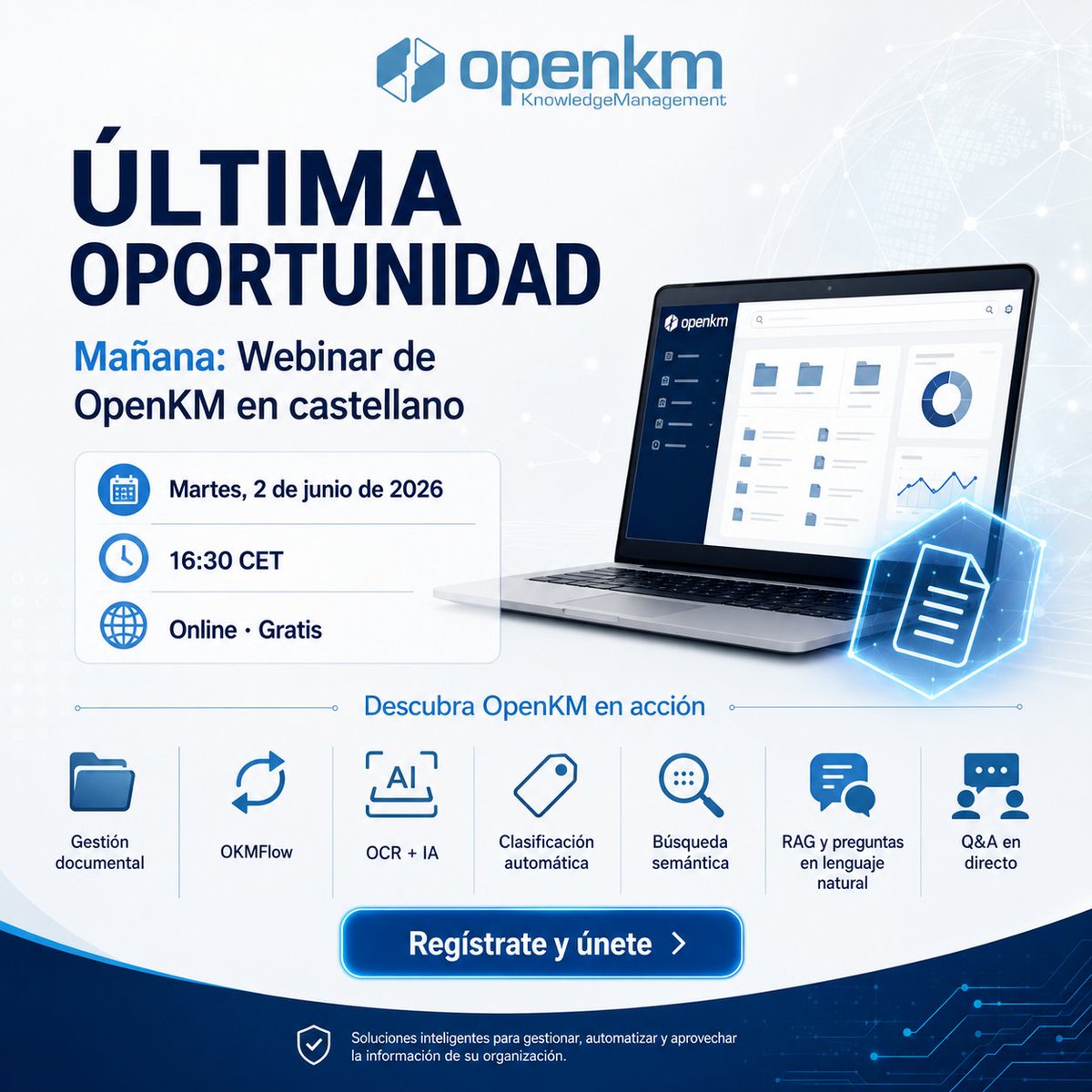 openkm's tweet photo. Mañana: #webinargratuito de #OpenKM
Descubra cómo transformar sus documentos en conocimiento accesible, seguro y útil https://t.co/4GQUpazxxQ
#GestiónDocumental #InteligenciaArtificial #AutomatizaciónDocumental #OCR #RAG #BúsquedaSemántica #TransformaciónDigital #GestiónDelDato https://t.co/RNWBZ1uG20