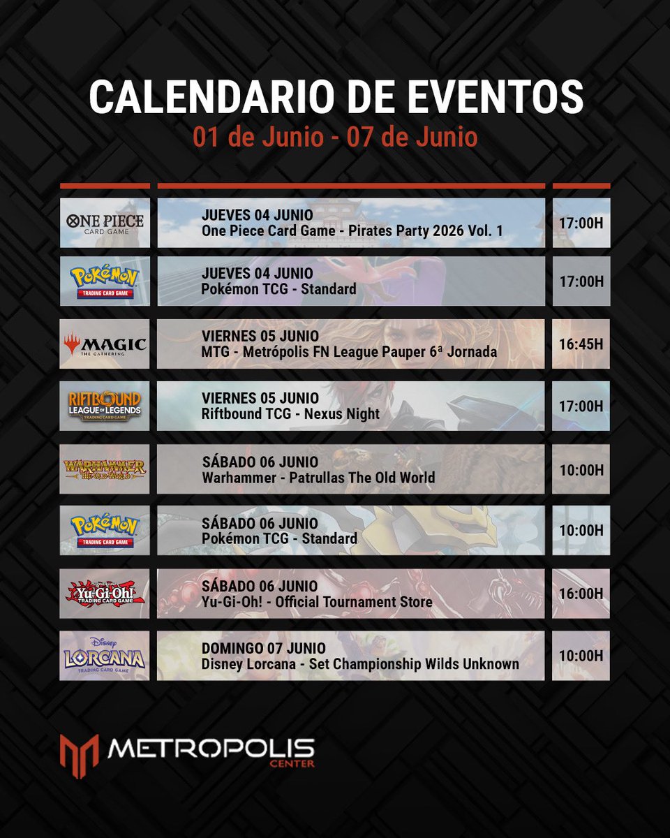 MetropolisCnter's tweet photo. 📅 Aquí tenéis el calendario de eventos semanal de #metropoliscenter
➡️ Desde eventos para principiantes hasta eventos claramente competitivos, donde destacamos la sexta jornada de las Metrópolis Friday Night League de Pauper, nuestro evento especial para probar Pokémon TCG, el OTS de Yugioh o la presentación oficial de The Time of Battle OP16 de One Piece Card Game.
📱 Más información e inscripciones en https://t.co/9gXUx48AhN
#tcg #pokemon #yugioh #magicthegathering