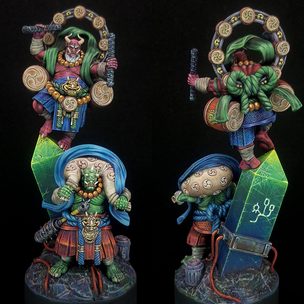 CatlordMini's tweet photo. Fujin &amp; Raijin - now they're completed (I think so😬), and set on the base I painted previously😛 , more photos will come later.  

#miniaturepainting
- Daybreak Miniatures - 32mm base - 50mm height https://t.co/VAADtXTfuH