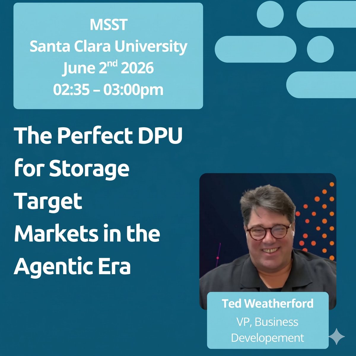 XsightLabs's tweet photo. Rethinking #AI Storage at #MSST 2026
Weโre excited to announce that Ted Weatherford VP of Business Development, will be speaking at MSST 2026 tomorrow, June 2.
Ted will dive into "#DPU-managed Smart Storage," sharing how to:
โถ๏ธ Break the AI bottleneck with software-defined physical storage layers.
โถ๏ธ Avoid vendor lock-in through standard, open Linux programming environments.
โถ๏ธ Lower TCO using our low-power E-Series DPU silicon for uncompromised workload performance.
๐
Check out the full schedule here: https://t.co/Zc2qWNl5qu
#MSST2026 #SmartStorage #AIInfrastructure #Semiconductors