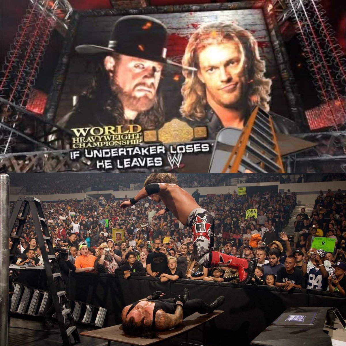 UltWresTrivia's tweet photo. ‘One Night Stand’ 2008 took place on this day &amp; all the matches on the show had ‘extreme’ stipulations with Edge defeating The Undertaker in the main event in a Tables, Ladders and Chairs match. The win gave Edge the vacant WWE World Heavyweight Championship! https://t.co/DGB98J6HsO