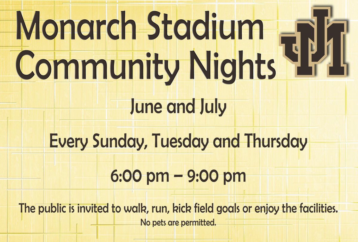 MCSWV's tweet photo. UPDATE: Monarch Stadium Community Night is expanding to include every Sunday, Tuesday and Thursday in June and July from 6:00 pm until 9:00 pm. Everyone is invited to use the track and field. No pets are permitted. https://t.co/0UdJ6oFUsh