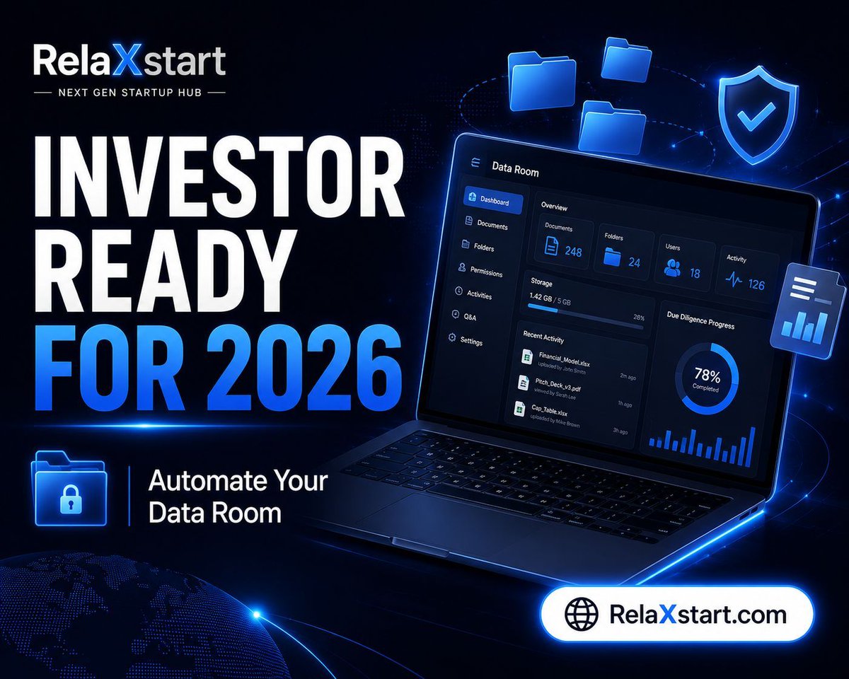 RelaXstartcom's tweet photo. Maximize Your Funding Success in 2026 💰

In the ever-changing world of startup funding, it's all about preparation.

Get ahead of others by automating your data room and other operational needs.

Want to learn how? visit - https://t.co/LH3uMsTgcb https://t.co/AvB2S0yo4V