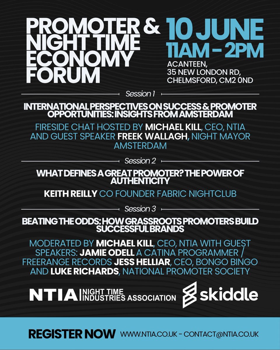 ntiaofficial's tweet photo. From growing communities and building brands that last, to navigating the challenges facing grassroots events, the Promoter & Night Time Economy Forum brings together some of the people shaping the future of nightlife. Hear first hand  from industry leaders including Amsterdam’s Night Mayor, Fabric Co-Founder Keith Reilly, Bongo Bingo CEO Jess Helliar, and more as they share the lessons, opportunities and hard-earned insights that don't always make it into the spotlight.

Packed venues, loyal communities and sustainable growth don't happen by accident. Hear from the people making it happen.

📍 Chelmsford | 10th June | 11am–2pm

Secure your place now: https://t.co/w2fMU8yWfn