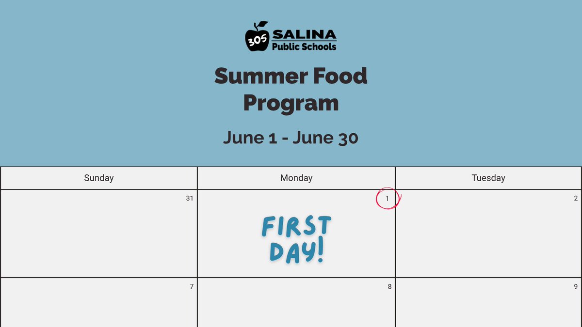 USD305's tweet photo. The Salina Public Schools Summer Food Program begins today, June 1! Breakfast and lunch are free for all children ages 1 to 18. Visit our website at: https://t.co/vGGRnhpQBj to learn more about meal times, locations, free activities and book giveaways! #305GrowsGreatness https://t.co/H8aGkfaiGB