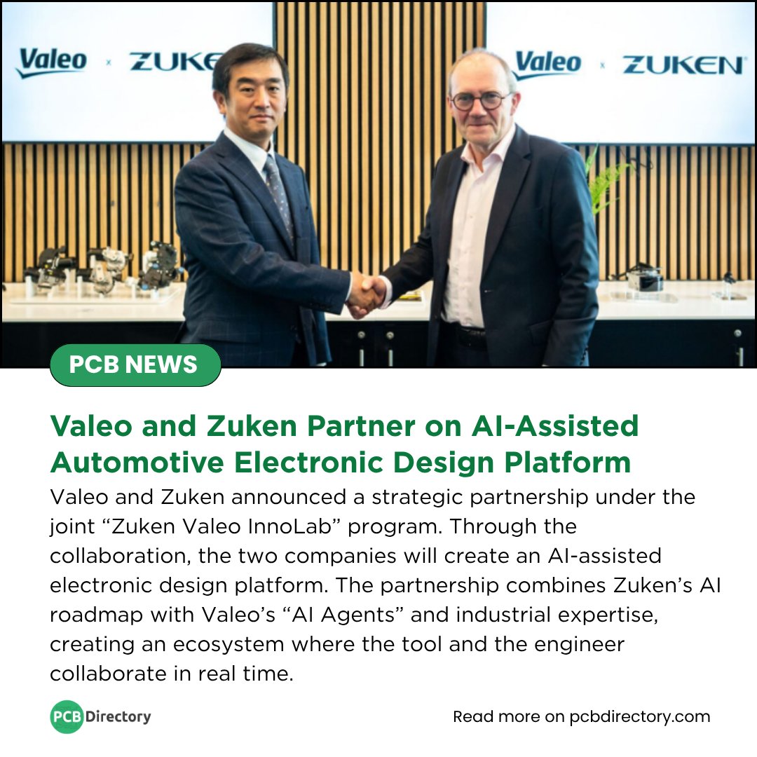 PCB_Directory's tweet photo. Valeo and Zuken have launched the “Zuken Valeo InnoLab” program to develop an AI-assisted electronic design platform.

Read More: https://t.co/qGBTKSjqz4

#printedcircuit #industry #automotiveelectronics #pcbdesign #artificialintelligence https://t.co/6bzZWql6jw