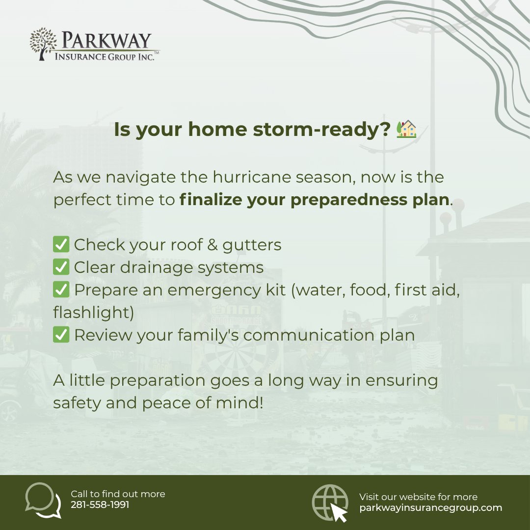 parkwayins's tweet photo. Is your home ready for Hurricane Season? Beyond your emergency kit, here's your #1 priority: Confirm your insurance coverage! Many home policies exclude flood. Get your flood insurance in place, as it typically takes 30 days to activate. #Houston #HurricanePrep #HoustonInsurance https://t.co/Nv2VItAT5z