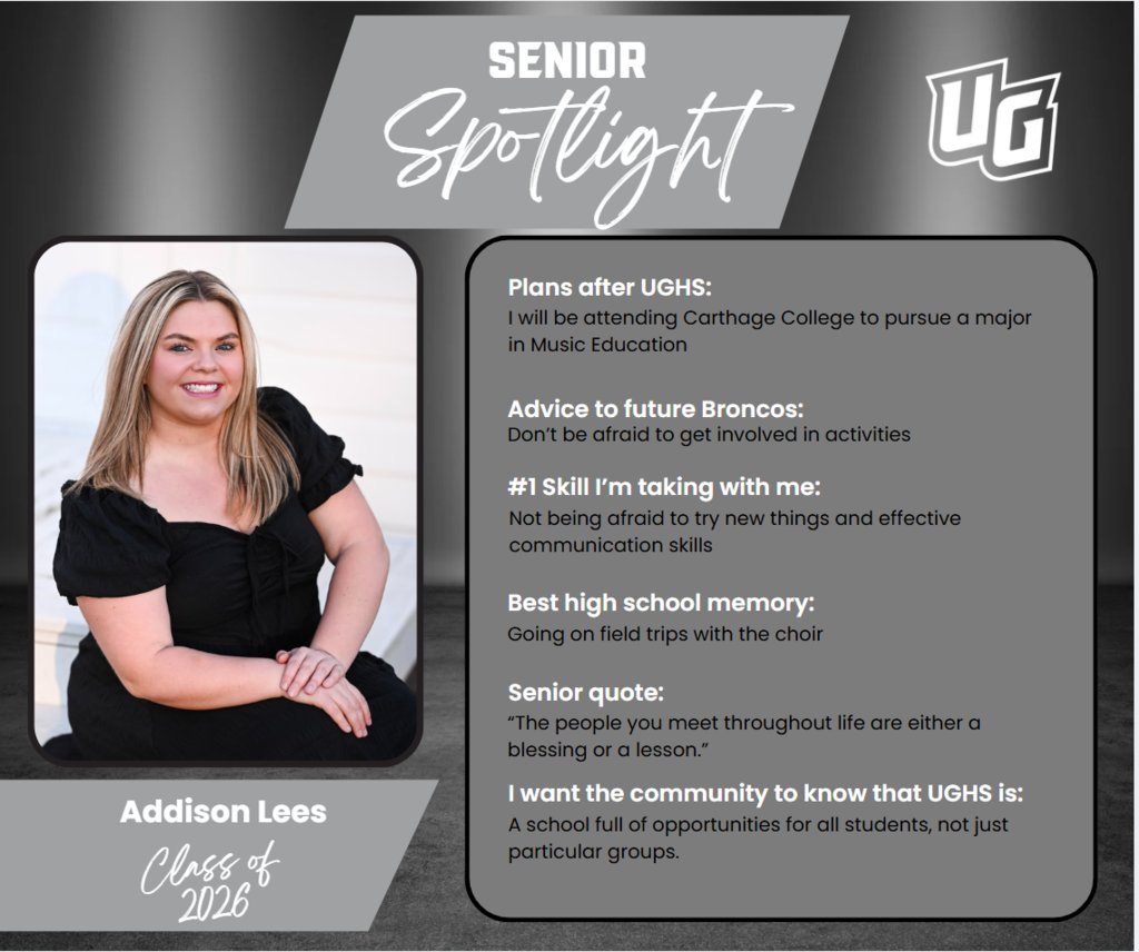 UGHSBroncos's tweet photo. 🎓 Senior Spotlight: Addison Lees
We're shining the spotlight on Addison! Check out their Q&amp;A to learn about their experiences, advice and plans for the future. Once a Bronco, always a bronco.
#broncofam https://t.co/eRM53o4Xip