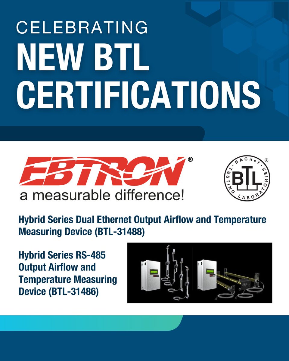 BACnetIntl's tweet photo. Congratulations to BACnet International Gold Member @EBTRON_Inc on the BTL Certification of their Hybrid Series Dual Ethernet Output Airflow and Temperature Measuring Device (BTL-31488) and Hybrid Series RS-485 Output Airflow and Temperature Measuring Device (BTL-31486). https://t.co/3eD0x3Ptuf