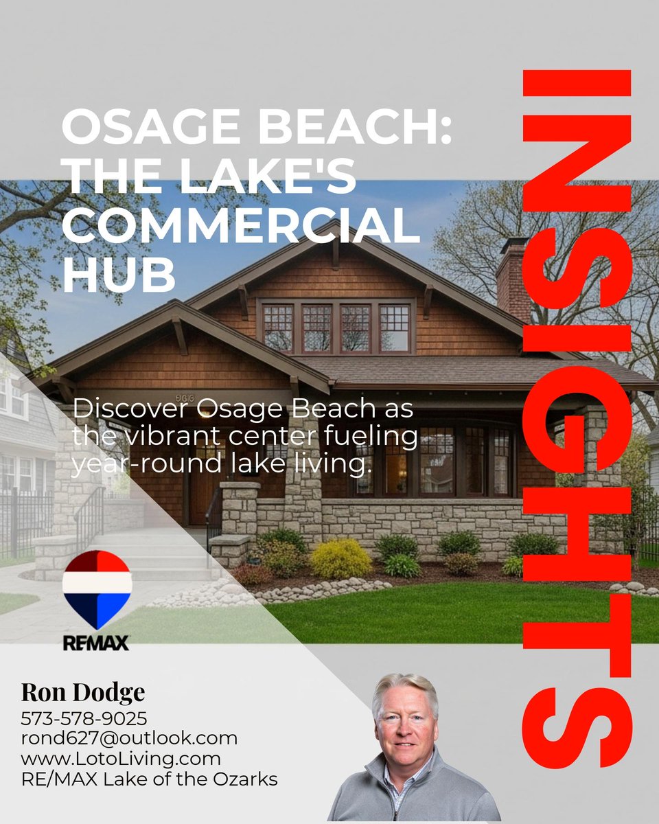 RonDodgeRealtor's tweet photo. Osage Beach’s spot as the lake’s commercial hub is fueling vibrant, year-round living, locals get big-city perks and small-town ease every season. 

Would you make the switch to full-time lake life? https://t.co/UER3BJqE3n