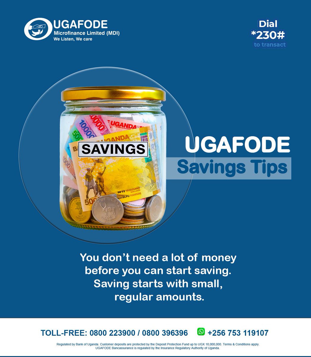 ugafodeug's tweet photo. 𝐒𝐚𝐯𝐢𝐧𝐠𝐬 𝐓𝐢𝐩: 𝐒𝐭𝐚𝐫𝐭 𝐒𝐦𝐚𝐥𝐥, 𝐒𝐚𝐯𝐞 𝐂𝐨𝐧𝐬𝐢𝐬𝐭𝐞𝐧𝐭𝐥𝐲

Many people believe they need a lot of money before they can start saving. The truth is, successful saving starts with small, regular amounts.

Set aside a portion of your income every week or month, no matter how small. 

Consistent saving helps you prepare for school fees, emergencies, business opportunities, and future goals without relying on loans or selling assets.

Remember: It's not how much you save at once that matters most, it's the habit of saving regularly.

Start your savings journey today with a 𝐔𝐆𝐀𝐅𝐎𝐃𝐄 𝐒𝐦𝐚𝐫𝐭 𝐒𝐚𝐯𝐞 𝐀𝐜𝐜𝐨𝐮𝐧𝐭 𝐨𝐫 𝐎𝐫𝐝𝐢𝐧𝐚𝐫𝐲 𝐒𝐚𝐯𝐢𝐧𝐠𝐬 𝐀𝐜𝐜𝐨𝐮𝐧𝐭 and take the first step towards a secure financial future.

𝐖𝐡𝐚𝐭𝐬𝐀𝐩𝐩 0753 119107 𝐭𝐨 𝐨𝐩𝐞𝐧 𝐲𝐨𝐮𝐫 𝐚𝐜𝐜𝐨𝐮𝐧𝐭 𝐭𝐨𝐝𝐚𝐲.