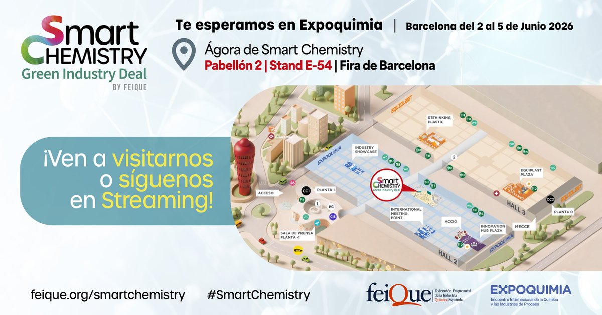 Feique_ES's tweet photo. 📍Del 2 al 5 de junio, ven a #SmartChemistry en el marco de @Expoquimia @Fira_Barcelona, con un programa continuo de 35 charlas sobre las innovaciones más punteras del sector químico y mesas redondas sobre los temas más candentes del momento que afectan a la industria: energía, defensa comercial, autonomía estratégica, descarbonización y el talento como palanca indispensable para el futuro sostenible. Ven a visitarnos: Pabellón 2, Stand E54, o síguenos en streaming desde https://t.co/ZrjL2r0ITI
