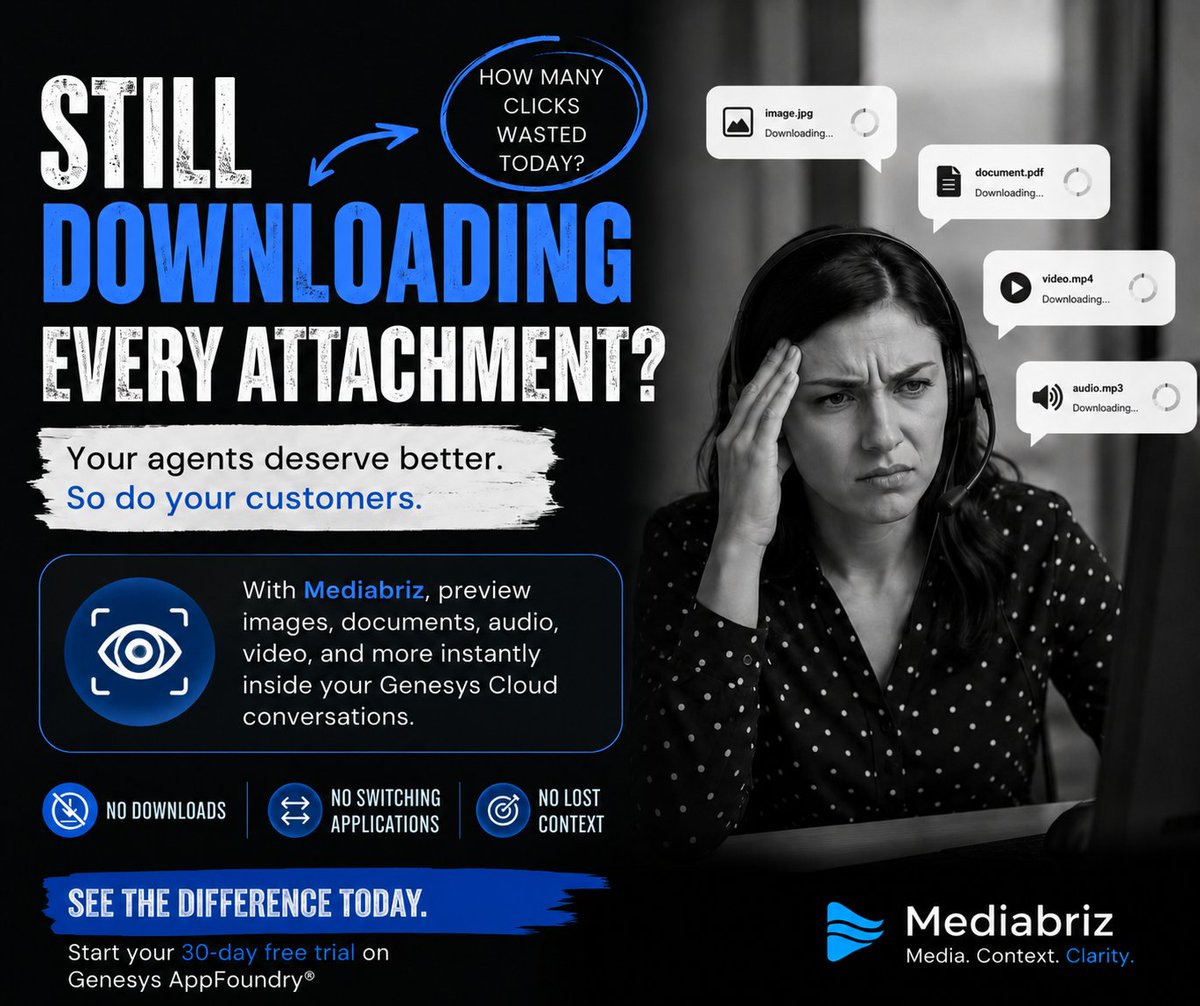 mediabriz's tweet photo. 📎 Customer attachments shouldn't slow agents down.
Preview images, documents, audio, video, and more directly inside Genesys Cloud with Mediabriz.
No downloads. No switching apps. No lost context.
Free trial: https://t.co/f1upUymDll
#Mediabriz #GenesysCloud #CX https://t.co/PpKRPml9CL