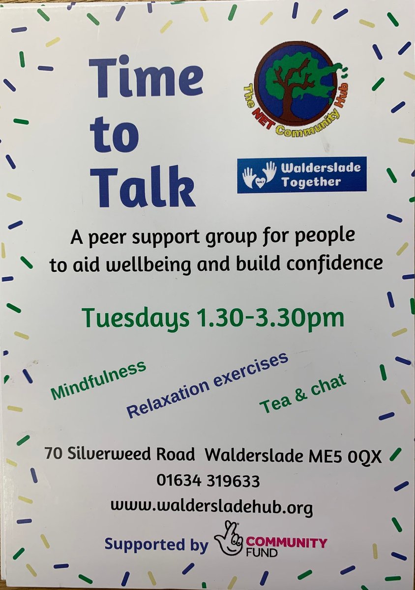 NetCommunityHub's tweet photo. It's #TimeToTalk on Tuesdays! Our peer support
group is the perfect place if you're feeling a bit low or lonely. Come along between 1:30-3:30pm for a cuppa, chat and mindfulness. £1 per person per
session includes refreshments.
70 Silverweed Road, Chatham https://t.co/Efeez3K6uO
