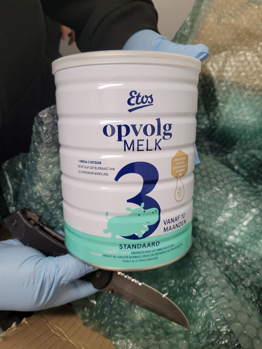 DFONewYork's tweet photo. We don’t cry over spilled milk, we test it! At JFK, @CBP officers intercepted cans of baby #milk from Amsterdam during a cargo inspection. A closer look revealed the substance inside was actually ketamine! Our vigilance ensures dangerous drugs don't reach our streets. https://t.co/rgxCU6wYrT