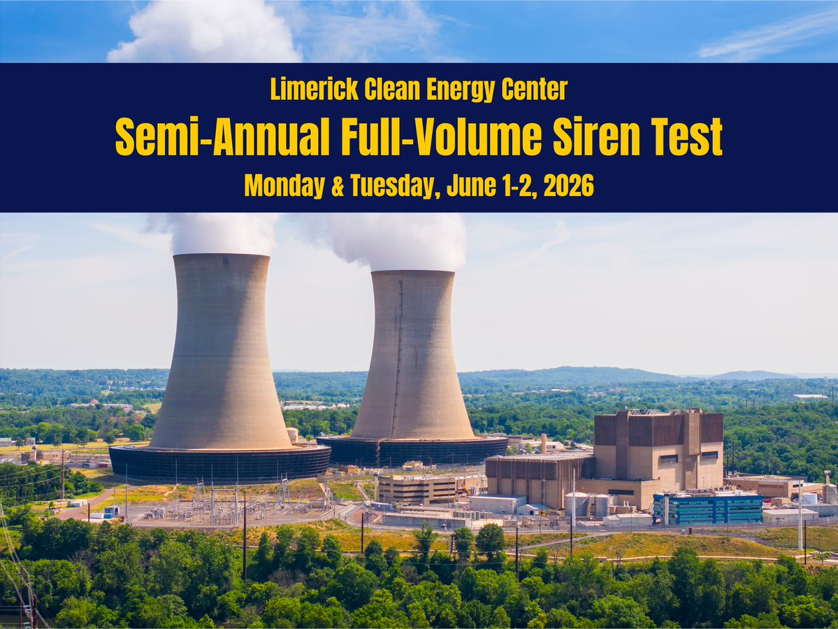 CCDES's tweet photo. Today, 6/1 at 2PM, @ConstellationEG will test the sirens around the Limerick Clean Energy Center. Sirens will also sound on Tuesday, 6/2, at intervals throughout the day. In a real emergency, sirens do not mean evacuate, they tell you to tune to Emergency Alert TV/radio stations. https://t.co/HUN1kDjpNS