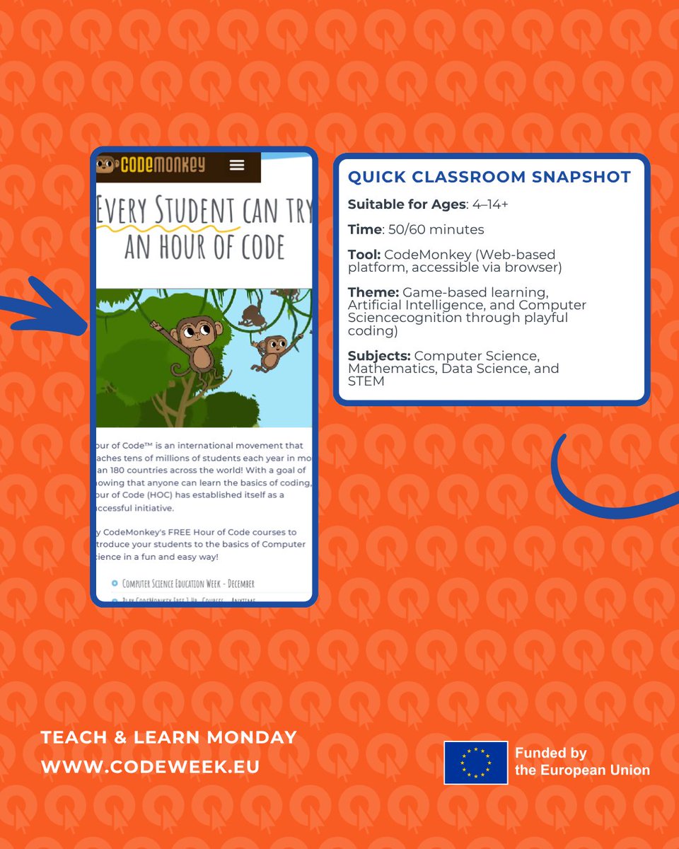CodeWeekEU's tweet photo. Make coding fun with CodeMonkey’s free Hour of Code activities! 🍌💻

Students learn sequencing, loops &amp; Python by playing games, building chatbots &amp; helping monkeys catch bananas! 
🔗 Start coding here: https://t.co/VNwIBccg77

 #EUCodeWeek #ComputerScience #CodingForKids https://t.co/83cz1A9hr1