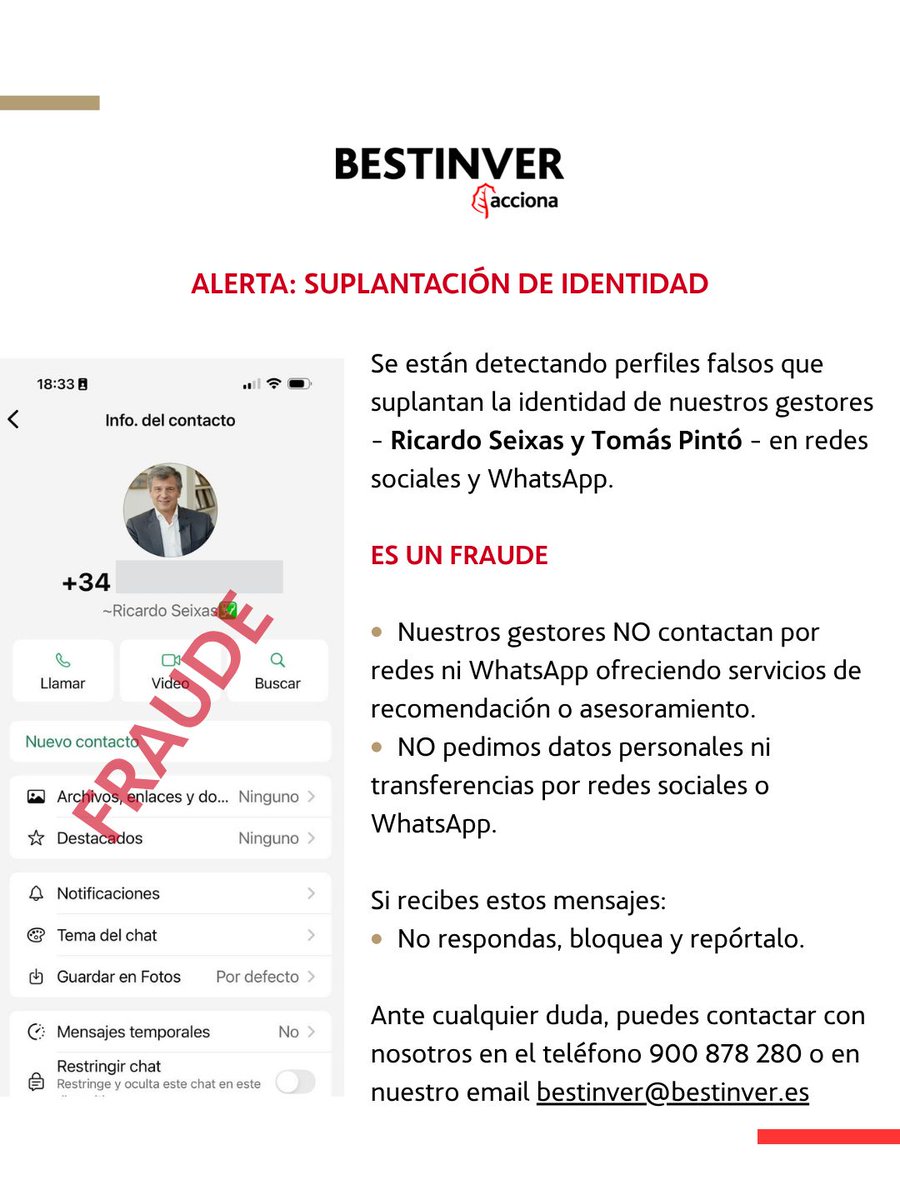 BESTINVER's tweet photo. ⚠️ AVISO IMPORTANTE: PERFILES FALSOS SUPLANTANDO A EMPLEADOS DE BESTINVER ⚠️

Se han identificado cuentas y perfiles fraudulentos que utilizan la identidad de empleados de BESTINVER para contactar con usuarios y ofrecer supuestas oportunidades de inversión o asesoramiento. https://t.co/4pBkRKtxpg