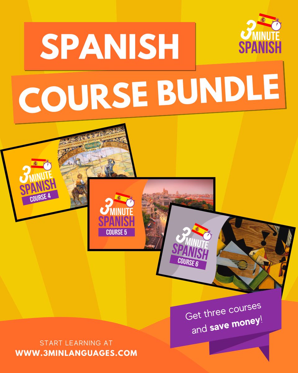 3MLanguages's tweet photo. Hola ππͺπΈ
Get my 3 Minute Spanish Bundle (Courses 4β6). Go further and save money.
Bundle π https://t.co/BG5jb6TY6E
All my Spanish courses: https://t.co/p9wRcGAlAo
#learnSpanish #Spanishonline #Spanishlessons https://t.co/z4iXJQ6P5q