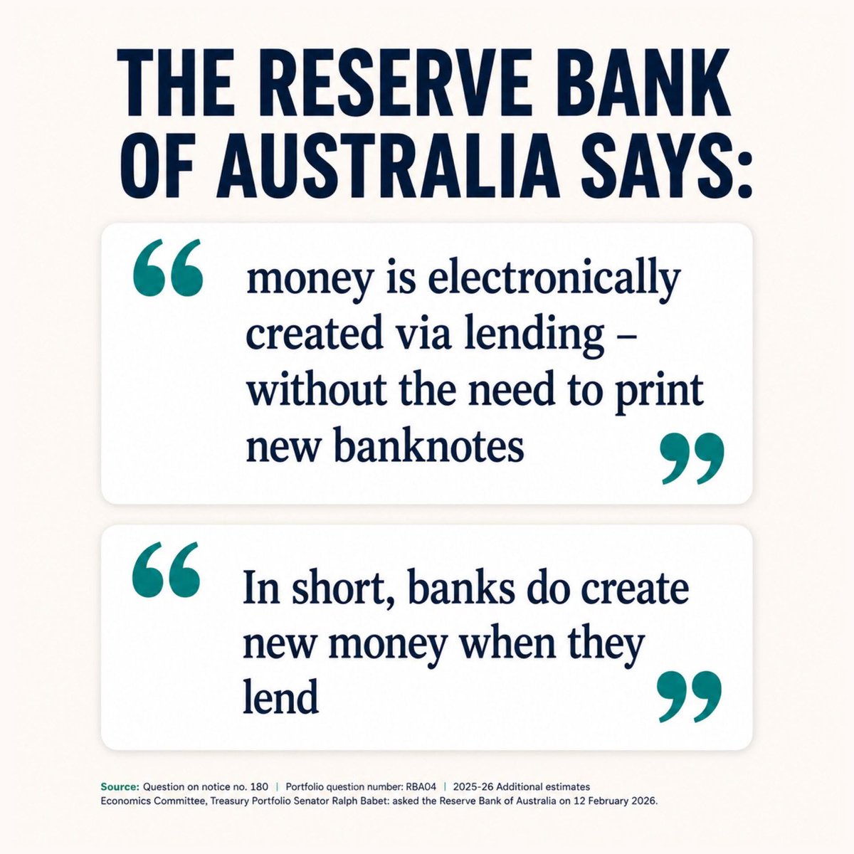 GreenTyler27's tweet photo. The Reserve Bank itself acknowledges that banks create new money when they lend out a new loan. When Australia continually expands our credit and our money supply faster than the real economy grows, the purchasing power of every existing dollar is diluted. That’s one of the key reasons our housing, land and other essential assets have become so much harder for ordinary Australians to afford.